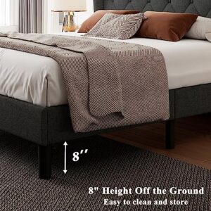 Feonase King Bed Frame with Wingback, Upholstered Platform Bed with Diamond Tufted Headboard, Heavy Duty Bed Frame, Wood Slat, Easy Assembly, Noise-Free, No Box Spring Needed, Dark Gray