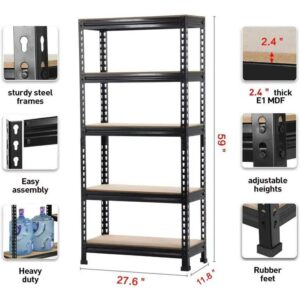 SKONYON Storage Shelves 5 Tier Adjustable Garage Storage Shelving Unit for Warehouse Kitchen Office, 27.6" W x 11.8" D x 59" H, Black