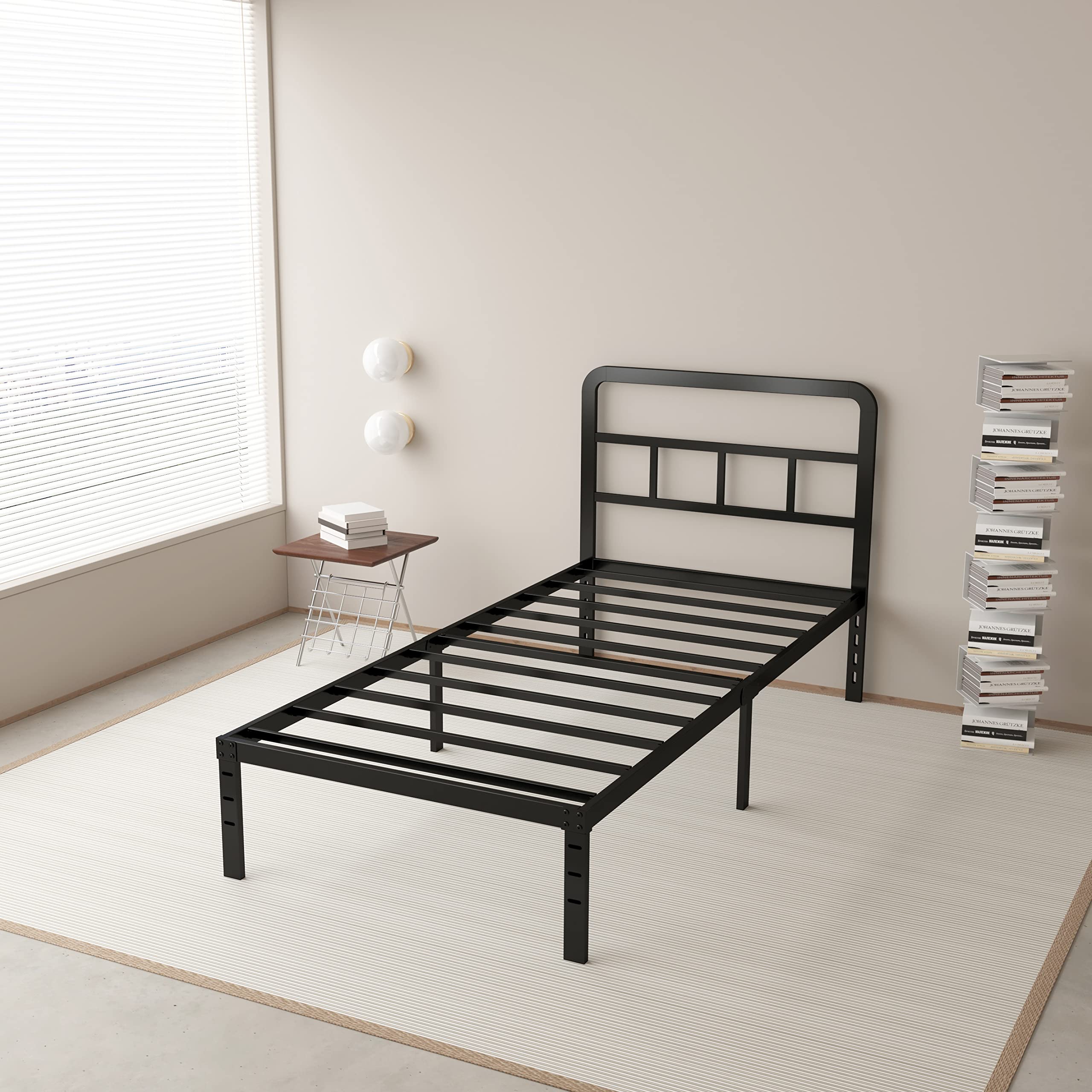 Maenizi Twin Bed Frames with Headboard, 14 Inch Twin Bed Frames No Box Spring Needed Support Up to 2500 lbs, Noise Free, Easy Assembely, Black