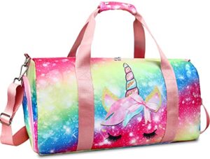 gym travel duffle bag for girls - gymnastics sports dance bag with shoe compartment & wet pocket unicorn kids travel bag teens weekender sleepover carry on bag
