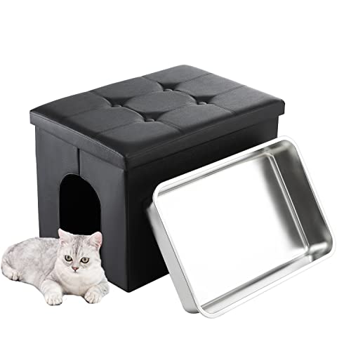 MEEXPAWS Stainless Steel cat Litter Box Enclosure Furniture Hidden, Cat washroom Bench Storage Cabinet | Large Space | Dog Proof | Waterproof Inside| Easy Assembly (Black)