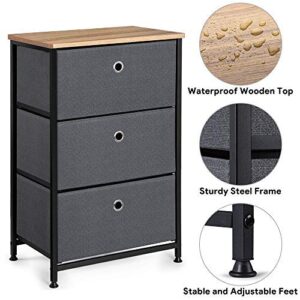 Camabel 28” Vertical Dresser Storage Tower with 3 Drawers Large Capacity Fabric Nightstand Drawer with Sturdy Steel Frame and Rustproof Wood Top Organizer Unit for Living Room Bedroom Hallway Closet