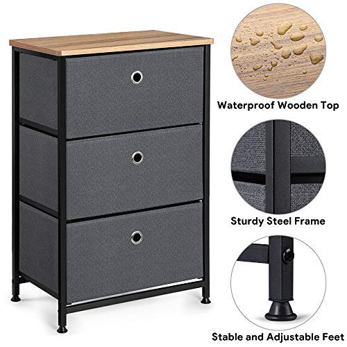 Camabel 28” Vertical Dresser Storage Tower with 3 Drawers Large Capacity Fabric Nightstand Drawer with Sturdy Steel Frame and Rustproof Wood Top Organizer Unit for Living Room Bedroom Hallway Closet