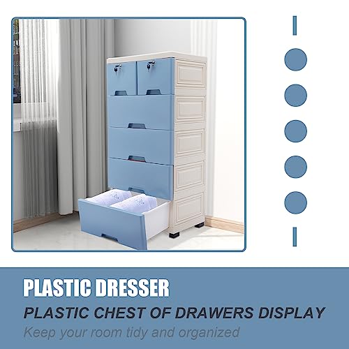 Futchoy Plastic Drawers Dresser,Chest of Drawers with Storage, Storage Cabinet with 6 Drawers,Closet Drawers Tall Dresser Organizer for Clothing,Nursery,Bedroom (Blue)