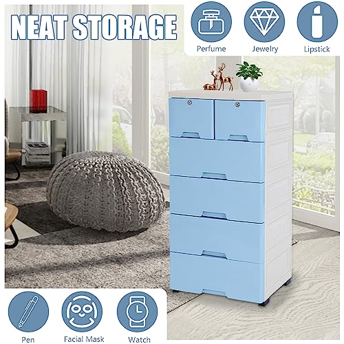 Futchoy Plastic Drawers Dresser,Chest of Drawers with Storage, Storage Cabinet with 6 Drawers,Closet Drawers Tall Dresser Organizer for Clothing,Nursery,Bedroom (Blue)