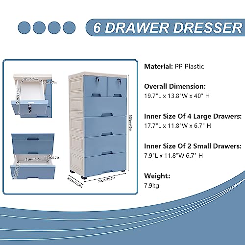 Futchoy Plastic Drawers Dresser,Chest of Drawers with Storage, Storage Cabinet with 6 Drawers,Closet Drawers Tall Dresser Organizer for Clothing,Nursery,Bedroom (Blue)