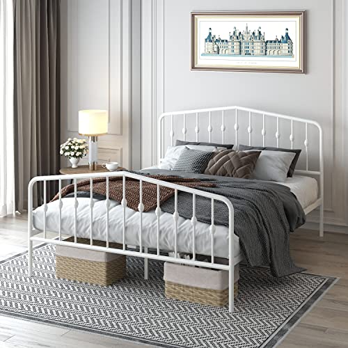 FUIOBYVV Metal Bed Frame Full Size Platform with Vintage Headboard and Footboard Sturdy Premium Steel Slat Support Mattress Foundation No Box Spring Needed White