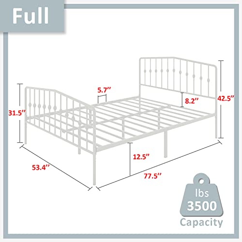 FUIOBYVV Metal Bed Frame Full Size Platform with Vintage Headboard and Footboard Sturdy Premium Steel Slat Support Mattress Foundation No Box Spring Needed White