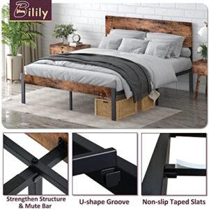 Bilily King Bed Frame with Wooden Headboard and Footboard, Metal Platform Bed Frame with Strong Steel Slat Support, Mattress Foundation/No Box Spring Needed/Non-Slip/Noise Free