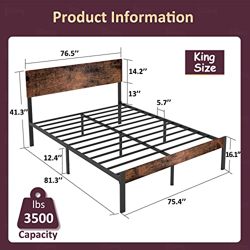 Bilily King Bed Frame with Wooden Headboard and Footboard, Metal Platform Bed Frame with Strong Steel Slat Support, Mattress Foundation/No Box Spring Needed/Non-Slip/Noise Free