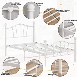 Amyove White Twin Metal Bed Frame with Heart Shaped Headboard and Footboard Solid Metal Platform Mattress Foundation Noise-Free Heavy Duty Bed Slats Support No Box Spring Needed, Easy Assembly