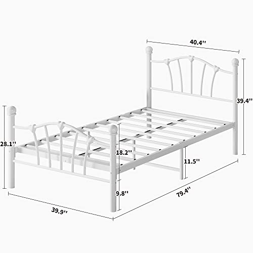 Amyove White Twin Metal Bed Frame with Heart Shaped Headboard and Footboard Solid Metal Platform Mattress Foundation Noise-Free Heavy Duty Bed Slats Support No Box Spring Needed, Easy Assembly