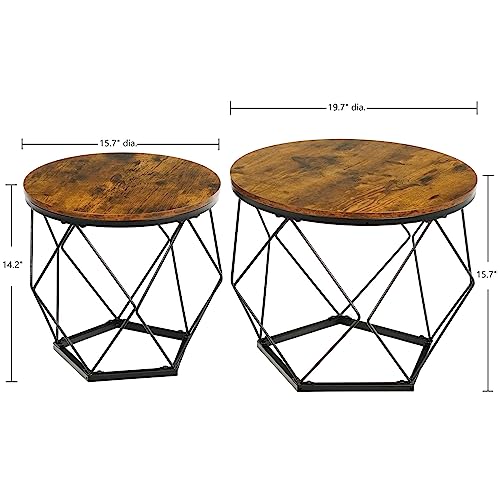 VZOTTK Round Set of 2 Coffee Table with Metal Frame, Round Sofa Tablefor Living Room, Office, Rustic Brown and Black