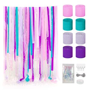 unicorn party decorations party streamers,crepe paper streamers 8rolls with tinsel curtain party backdrop glitter,mix pink and purple streamers in 4 pastel colors for birthday,photo booth,wedding