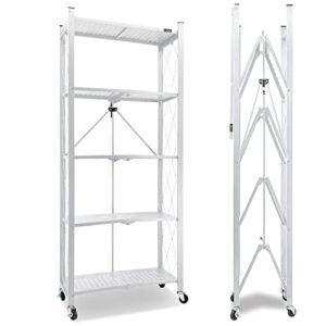 alanng 5 tier storage shelves heavy duty on wheels, foldable metal shelving units 11.1" d x 24.2" w x 59" h for garage kitchen bakers, no assembly organizer rack white