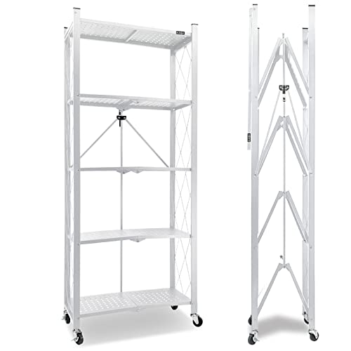 ALANNG 5 Tier Storage Shelves Heavy Duty on Wheels, Foldable Metal Shelving Units 11.1" D x 24.2" W x 59" H for Garage Kitchen Bakers, No Assembly Organizer Rack White