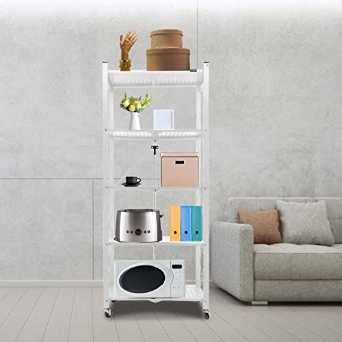 ALANNG 5 Tier Storage Shelves Heavy Duty on Wheels, Foldable Metal Shelving Units 11.1" D x 24.2" W x 59" H for Garage Kitchen Bakers, No Assembly Organizer Rack White