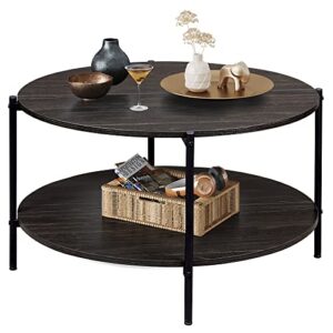 wlive round coffee table, living room table with 2-tier storage shelf,32in wood modern coffee table with metal frame and wood desktop,easy assembly,charcoal black.