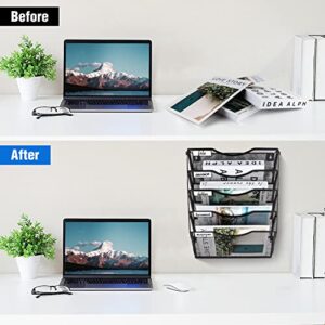 BOHDK Wall File Organizer 5 Pockets, Hanging File Organizer, Foldable Mesh Hanging File Holder with Label Panel | 2 Hooks | Wall Mount & Door Hanging for Office Home