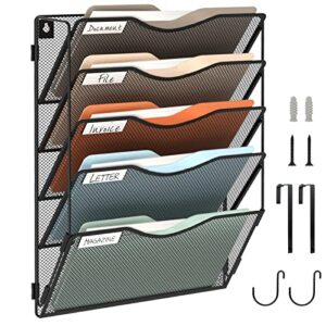bohdk wall file organizer 5 pockets, hanging file organizer, foldable mesh hanging file holder with label panel | 2 hooks | wall mount & door hanging for office home