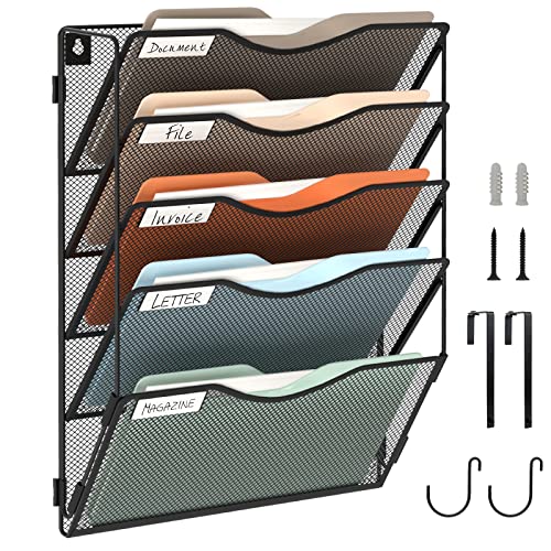 BOHDK Wall File Organizer 5 Pockets, Hanging File Organizer, Foldable Mesh Hanging File Holder with Label Panel | 2 Hooks | Wall Mount & Door Hanging for Office Home