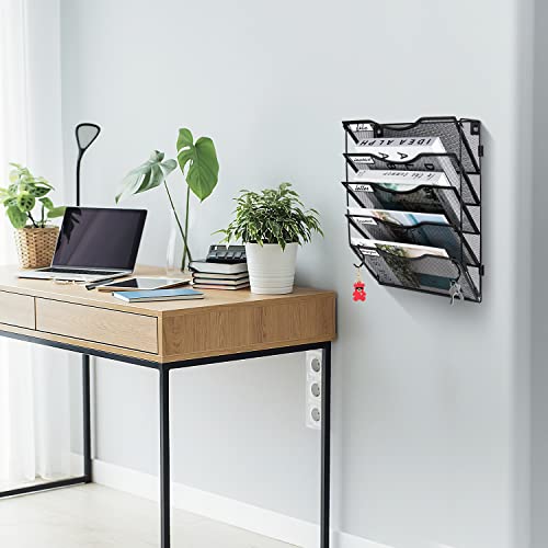 BOHDK Wall File Organizer 5 Pockets, Hanging File Organizer, Foldable Mesh Hanging File Holder with Label Panel | 2 Hooks | Wall Mount & Door Hanging for Office Home