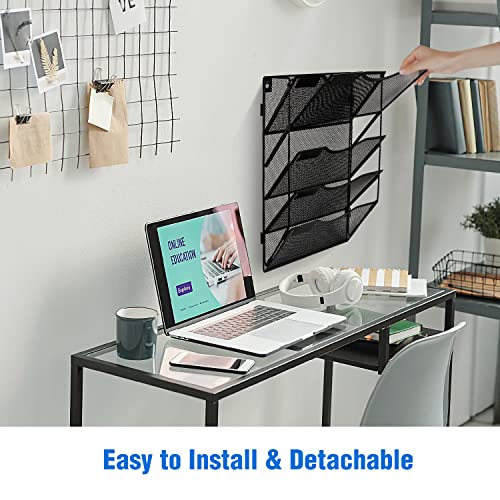 BOHDK Wall File Organizer 5 Pockets, Hanging File Organizer, Foldable Mesh Hanging File Holder with Label Panel | 2 Hooks | Wall Mount & Door Hanging for Office Home