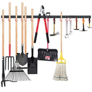 qualstorage 64" all metal garden tool organizer wall mount mop broom holder heavy duty garage storage organization for shovel,mop,broom,rake and yard tool(4 rails, 16 hooks)
