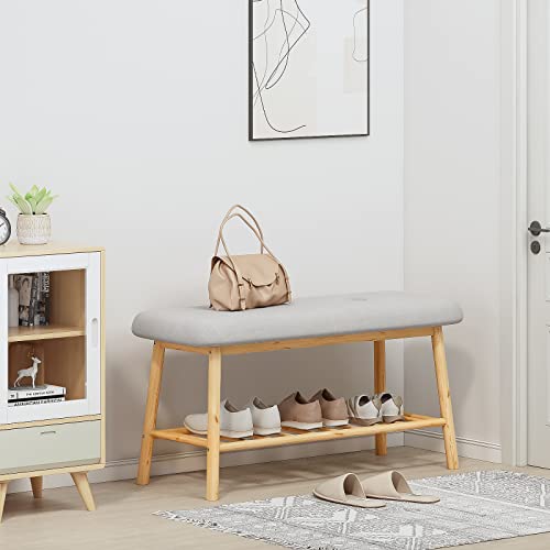 Bamworld Shoe Bench with Storage Bamboo Entryway Bench with Cushion Seat Storage Benches for Bedroom Living Room Indoor(Nature)