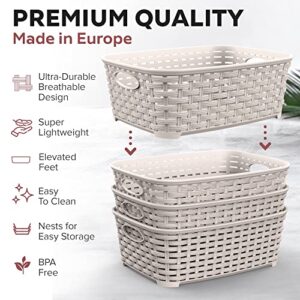 European Made Plastic Storage Bins, Heaviest Duty, Household Organizer Bins for Bathrooms, Bedrooms, Kitchens, Laundry Room, Cabinets, Shelves, 4 Pk, Beige