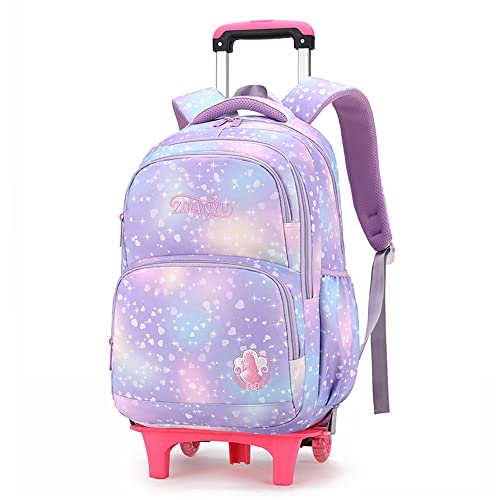 LANSHIYA Dream Princess Wind Rolling Backpack for Girls Wheeled Travel Bag Trolley School Bag Purple Two Wheels