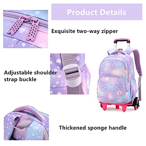 LANSHIYA Dream Princess Wind Rolling Backpack for Girls Wheeled Travel Bag Trolley School Bag Purple Two Wheels