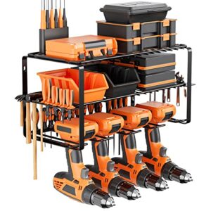 dr.meter power tool organizer, 4 drill holder garage tools organization and storage - 3 layers heavy duty metal tool shelf wall mount - utility storage rack with 4 extra hangers, father men dad gift