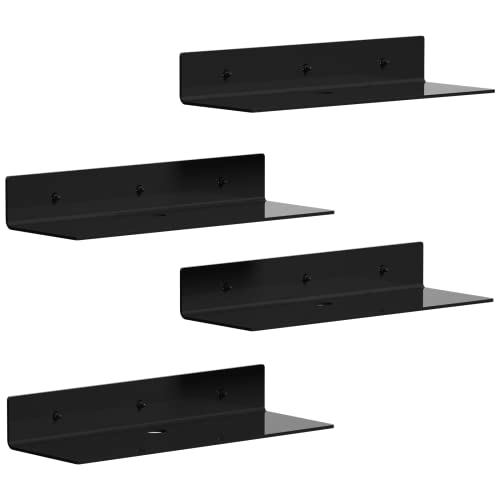 OMNINOVA Acrylic Adhesive Shelf Set of 4, 12" Small Floating Shelves for Wall Storage to Expand Space, Wall Shelves Decor for Bedroom, Living Room, Bathroom with Cable Organizer-Black