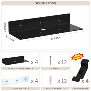 OMNINOVA Acrylic Adhesive Shelf Set of 4, 12" Small Floating Shelves for Wall Storage to Expand Space, Wall Shelves Decor for Bedroom, Living Room, Bathroom with Cable Organizer-Black