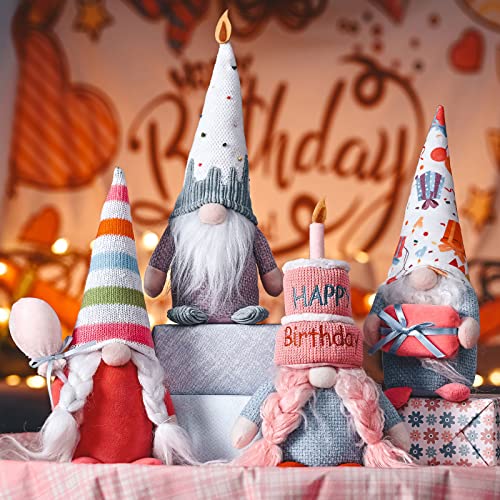 unanscre Birthday Gnomes Plush Elf Decoration - 4PCS Happy Birthday Handmade Swedish Tomte Dolls, Cute Scandinavian Gnomes for Home Farmhouse Table Ornament, Party Favor Gifts, Tiered Tray Decor