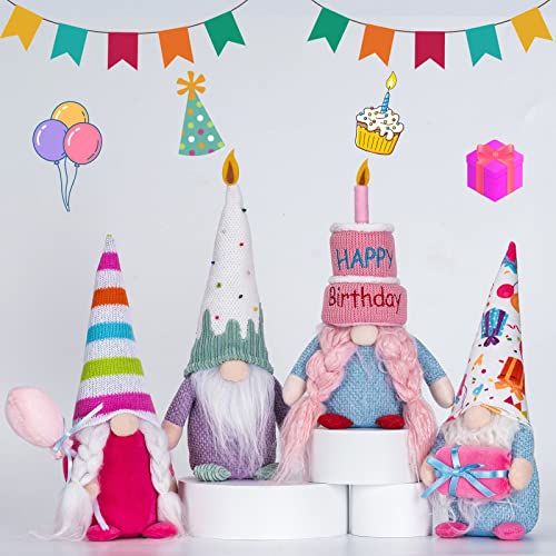 unanscre Birthday Gnomes Plush Elf Decoration - 4PCS Happy Birthday Handmade Swedish Tomte Dolls, Cute Scandinavian Gnomes for Home Farmhouse Table Ornament, Party Favor Gifts, Tiered Tray Decor