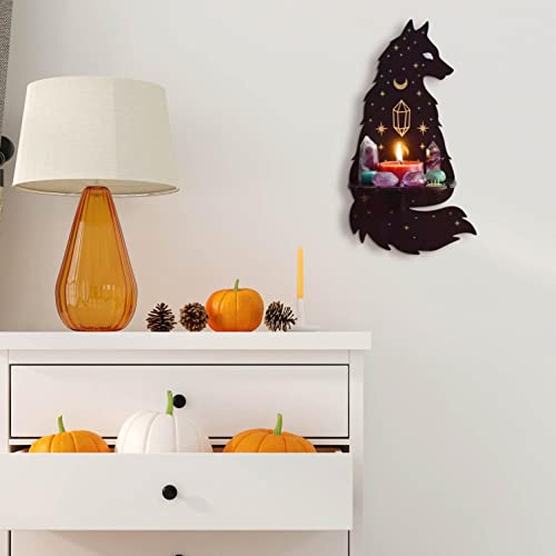 Halloween Decoration Hand Floral Sun and Moon Altar Shelf with-Pendulum and Necklace Stand Wooden Creative Crystal Wall Shelf (Wolf)