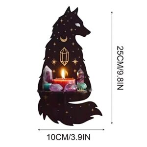 Halloween Decoration Hand Floral Sun and Moon Altar Shelf with-Pendulum and Necklace Stand Wooden Creative Crystal Wall Shelf (Wolf)