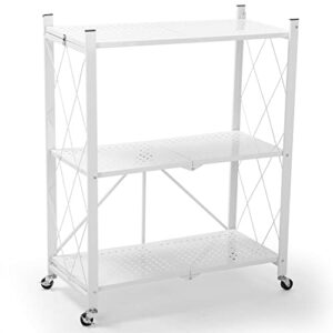 nisboigr 3 Tier Storage Shelves,Folding Storage Shelf with Wheels,Heavy Duty Metal Shelf,Garage Storage Shelf,Metal Rack,White