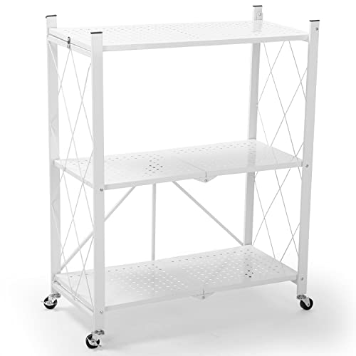 nisboigr 3 Tier Storage Shelves,Folding Storage Shelf with Wheels,Heavy Duty Metal Shelf,Garage Storage Shelf,Metal Rack,White