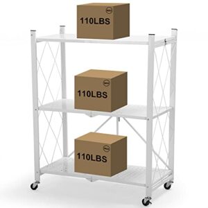 nisboigr 3 Tier Storage Shelves,Folding Storage Shelf with Wheels,Heavy Duty Metal Shelf,Garage Storage Shelf,Metal Rack,White