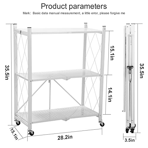 nisboigr 3 Tier Storage Shelves,Folding Storage Shelf with Wheels,Heavy Duty Metal Shelf,Garage Storage Shelf,Metal Rack,White