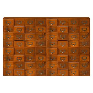 64-drawer wooden storage box (39.2”x3.9”x27.56”) traditional apothecary cabinet in walnut wood - 64-slot wooden desk drawer unit w/label holders & handles - multi level countertop drawer organizer