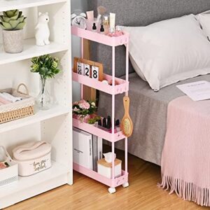 KINGRACK Slim Storage Cart,4 Tier Bathroom Organizer Mobile Shelving Unit,Rolling Utility Cart Slide Out Organizer for Kitchen,Bathroom,Laundry,Narrow Places,Pink