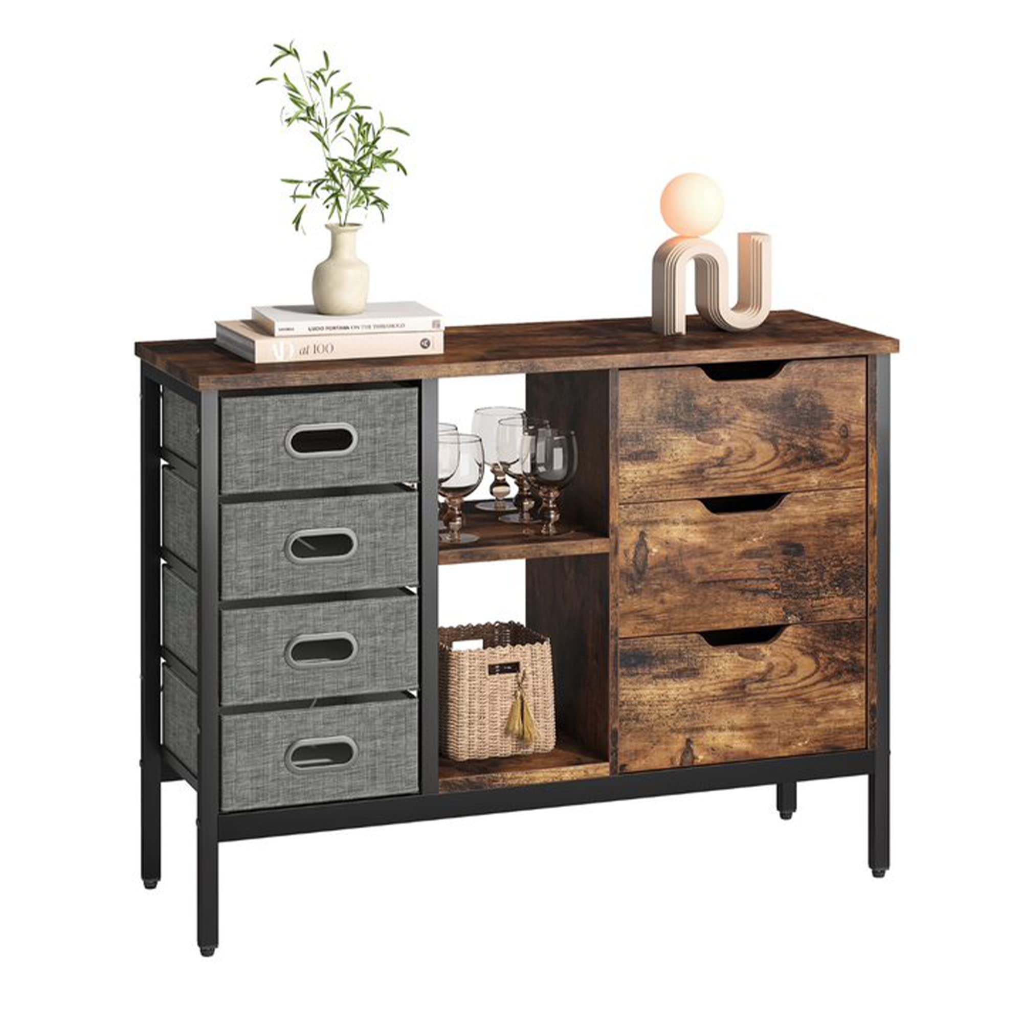 Bestier Sideboard Storage Unit w/ 3 Drawers, 2 Adjustable Shelves, 4 Sliding Fabric Cubes, & Adjustable Foot Pads for Living Room, Bedroom, or Hallway