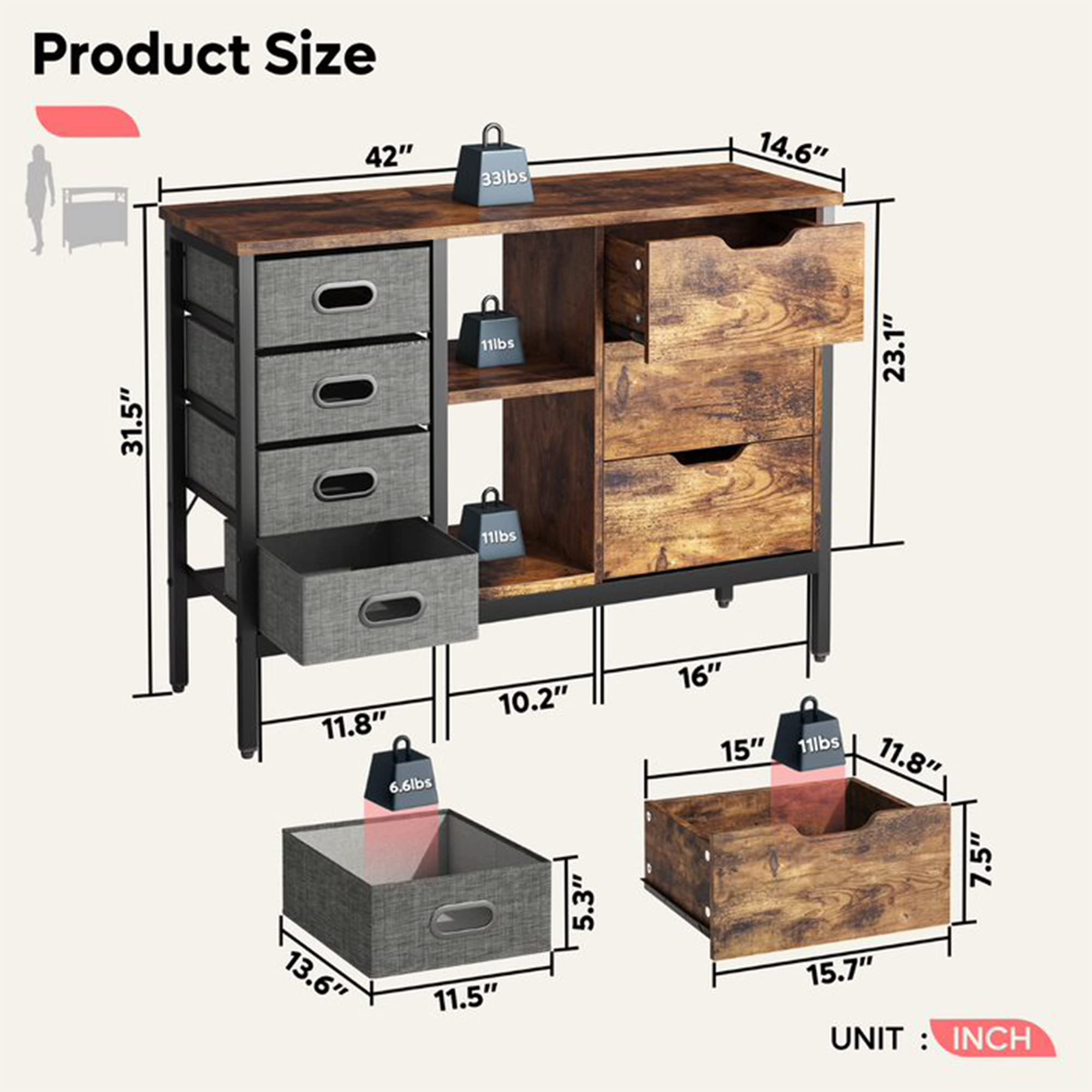 Bestier Sideboard Storage Unit w/ 3 Drawers, 2 Adjustable Shelves, 4 Sliding Fabric Cubes, & Adjustable Foot Pads for Living Room, Bedroom, or Hallway