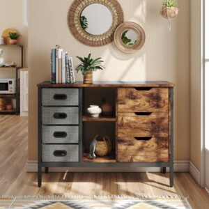 Bestier Sideboard Storage Unit w/ 3 Drawers, 2 Adjustable Shelves, 4 Sliding Fabric Cubes, & Adjustable Foot Pads for Living Room, Bedroom, or Hallway