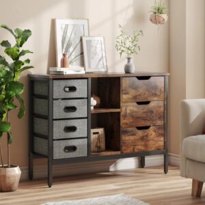 Bestier Sideboard Storage Unit w/ 3 Drawers, 2 Adjustable Shelves, 4 Sliding Fabric Cubes, & Adjustable Foot Pads for Living Room, Bedroom, or Hallway