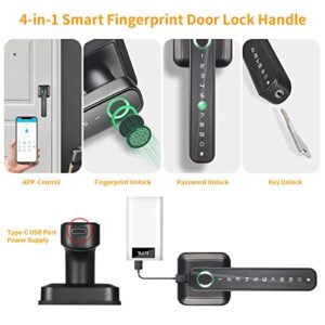 Fingerprint Door Lock for Bedroom, 4-in-1 Smart Door Lock with App, Digital Level Lock, Keyless Entry Door Lock with Handle for Home Hotel Office & Interior Door